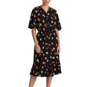 NWT $155 Ralph Lauren Floral Crepe Tie-Neck Dress in Polo Black/Red, Sz 10